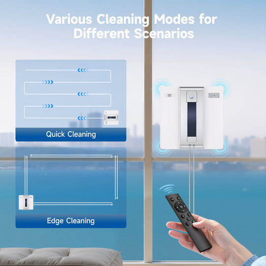 Window cleaning device with remote control and cleaning modes displayed on a screen.