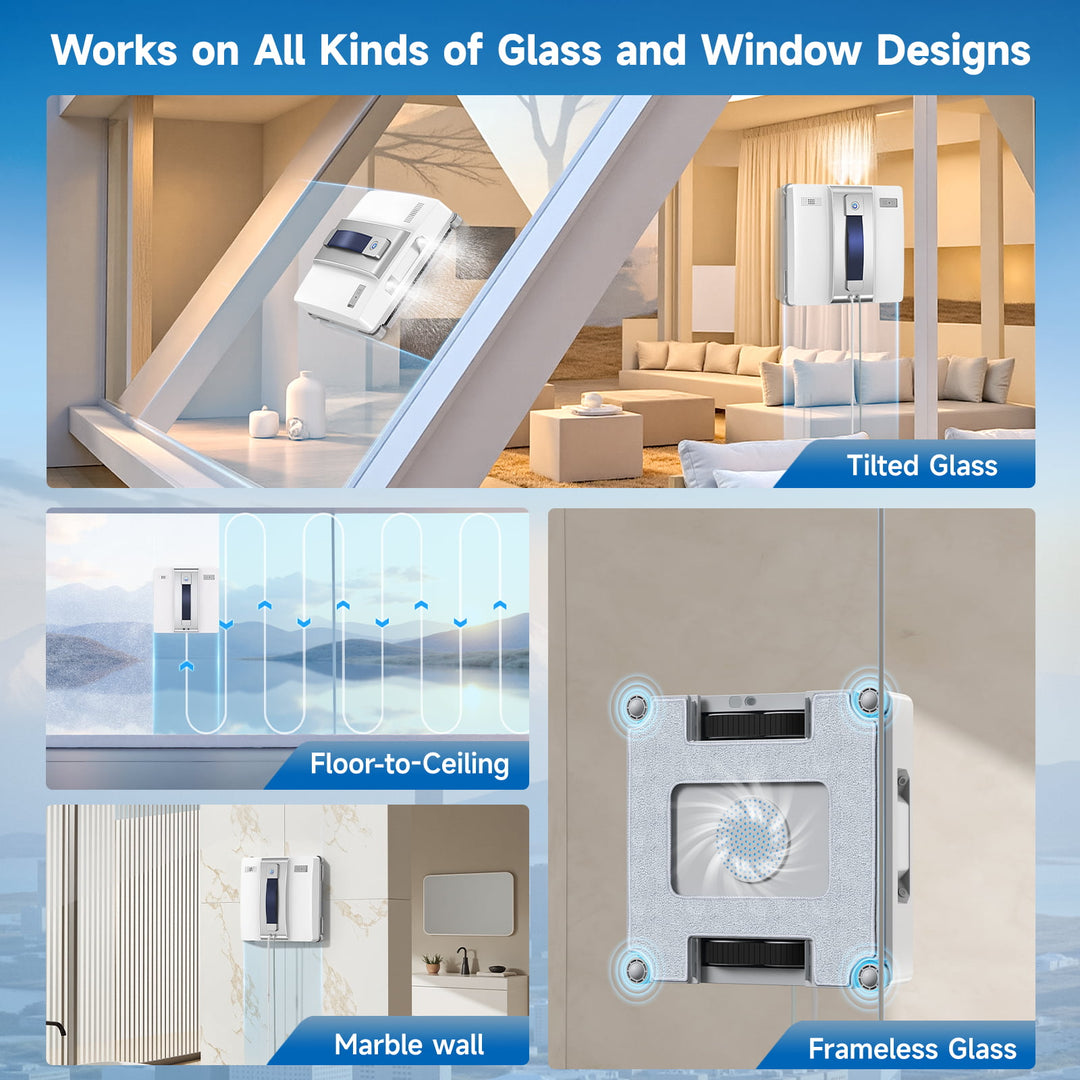 Glass and window design products with text indicating compatibility on various glass types.