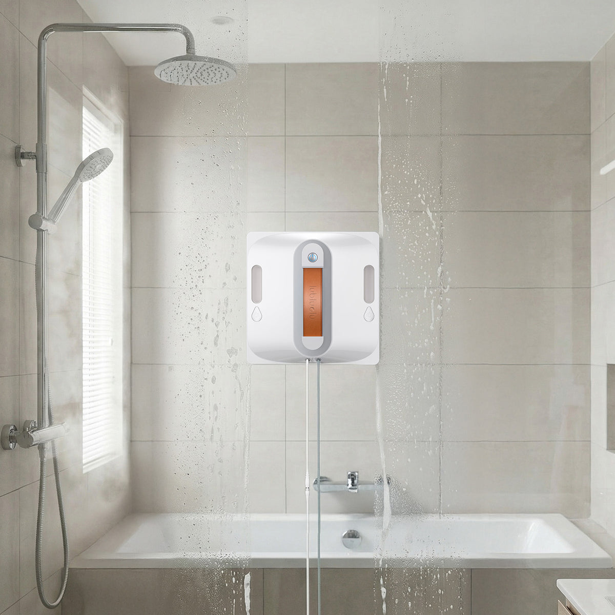 White electric water heater mounted on a tiled bathroom wall with a bathtub and shower head.