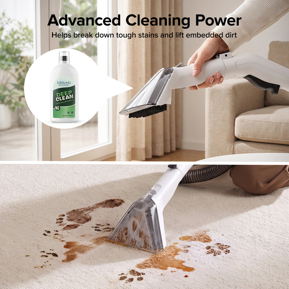 A white and gray carpet cleaning wand is being used on a beige carpet to remove brown stains, with a bottle of carpet cleaner shown in a callout inset. Text at the top reads 'Advanced Cleaning Power' and describes stain-breaking capability.