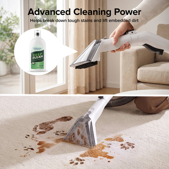 A white and gray carpet cleaning wand is being used on a beige carpet to remove brown stains, with a bottle of carpet cleaner shown in a callout inset. Text at the top reads 'Advanced Cleaning Power' and describes stain-breaking capability.