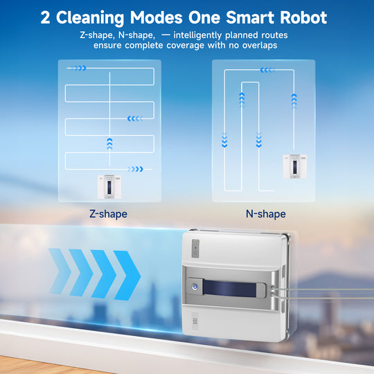 Promotional graphic for a smart robot window cleaner showing two cleaning route diagrams labeled Z-shape and N-shape, plus a rendered view of the robot mounted on a window with a blurred cityscape background.