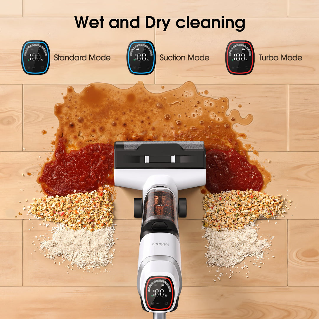 Vacuum cleaner cleaning various types of stains on a wooden floor with mode indicators above.