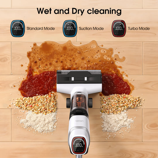 Vacuum cleaner cleaning various types of stains on a wooden floor with mode indicators above.