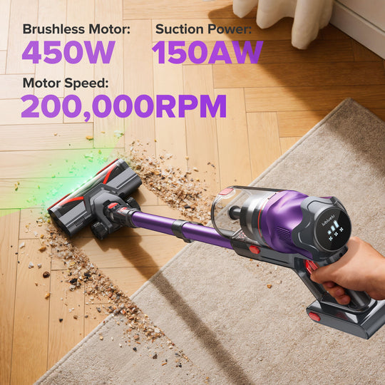 Purple and black cordless vacuum cleaner cleaning a carpet with specifications displayed.