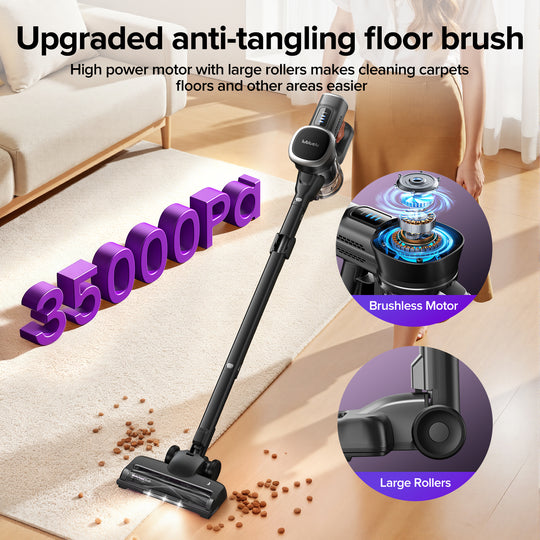 Vacuum cleaner with upgraded anti-tangling floor brush and high power motor on a living room floor.
