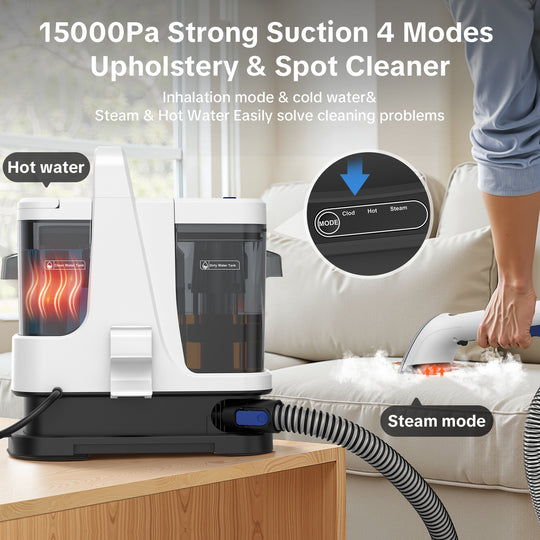 Upholstery and spot cleaner with various modes on a wooden table.