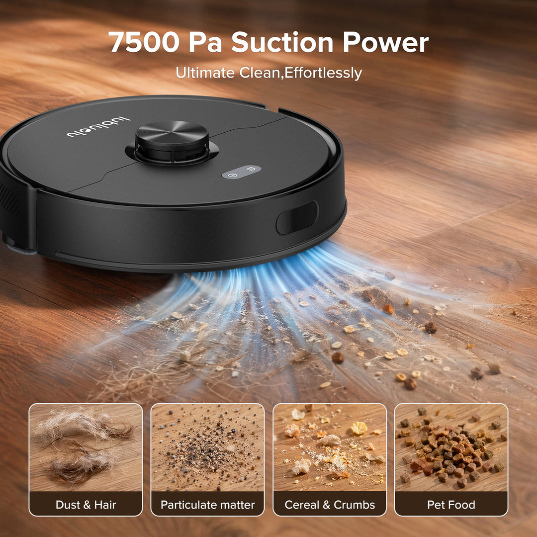 Robotic vacuum cleaner with 7500 Pa suction power on a wooden floor, cleaning various debris.