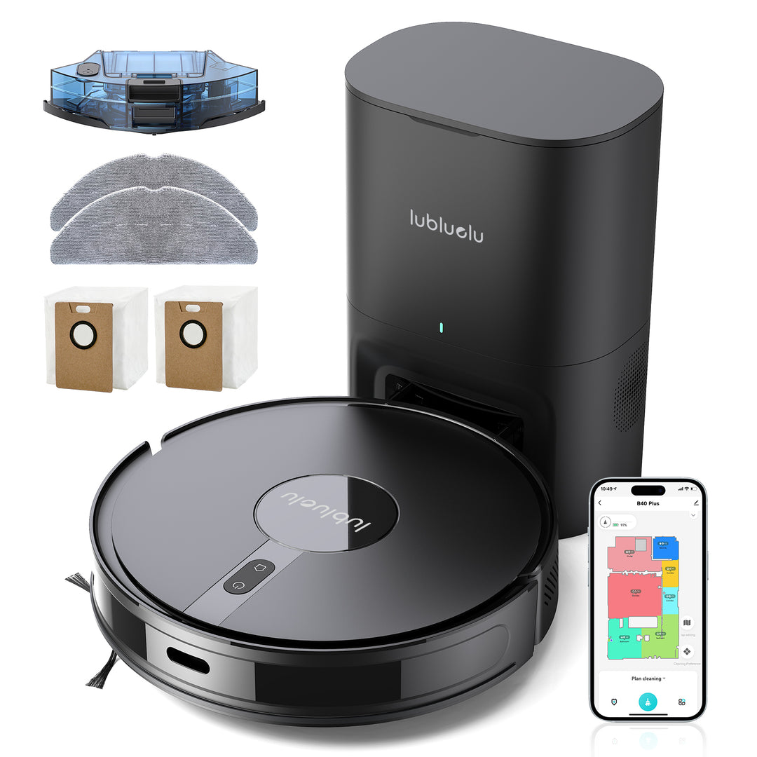 A black robotic vacuum cleaner shown with its matching black charging dock, two small dust bins, two gray floor mops, and a smartphone app screen on a clean white background. The product brand 'lubluelu' is visible on the vacuum and dock.