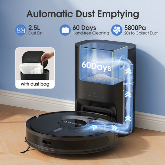 A robotic vacuum cleaner shown with its dust bin and transparent dust collection canister on a light wood floor against a pale blue wall. Text at the top highlights features: 2.