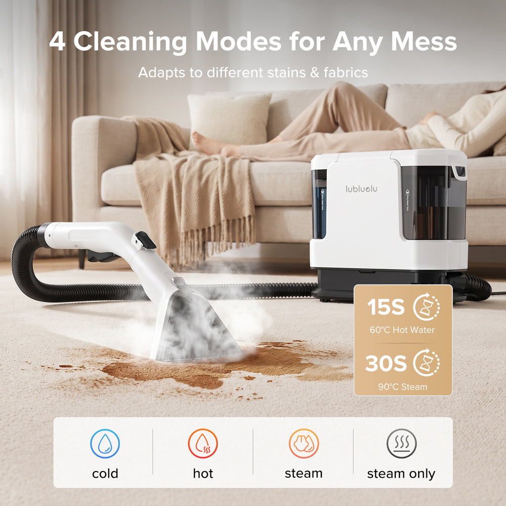 A white and black steam cleaner shown on a beige carpet in a living room setting, with a sofa and person lying on the couch in the background. The image includes text highlighting 4 cleaning modes and feature callouts.