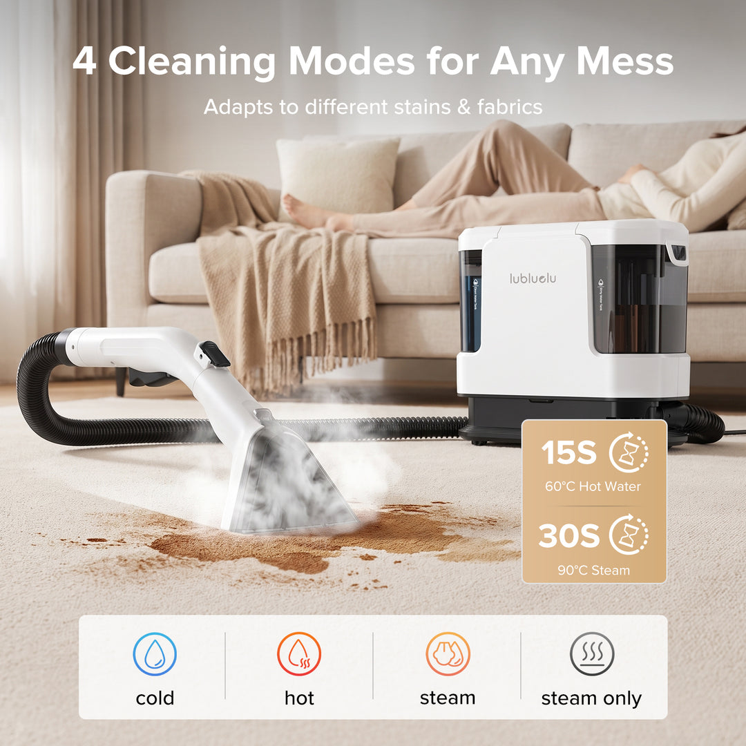 A white and black steam cleaner shown on a beige carpet in a living room setting, with a sofa and person lying on the couch in the background. The image includes text highlighting 4 cleaning modes and feature callouts.