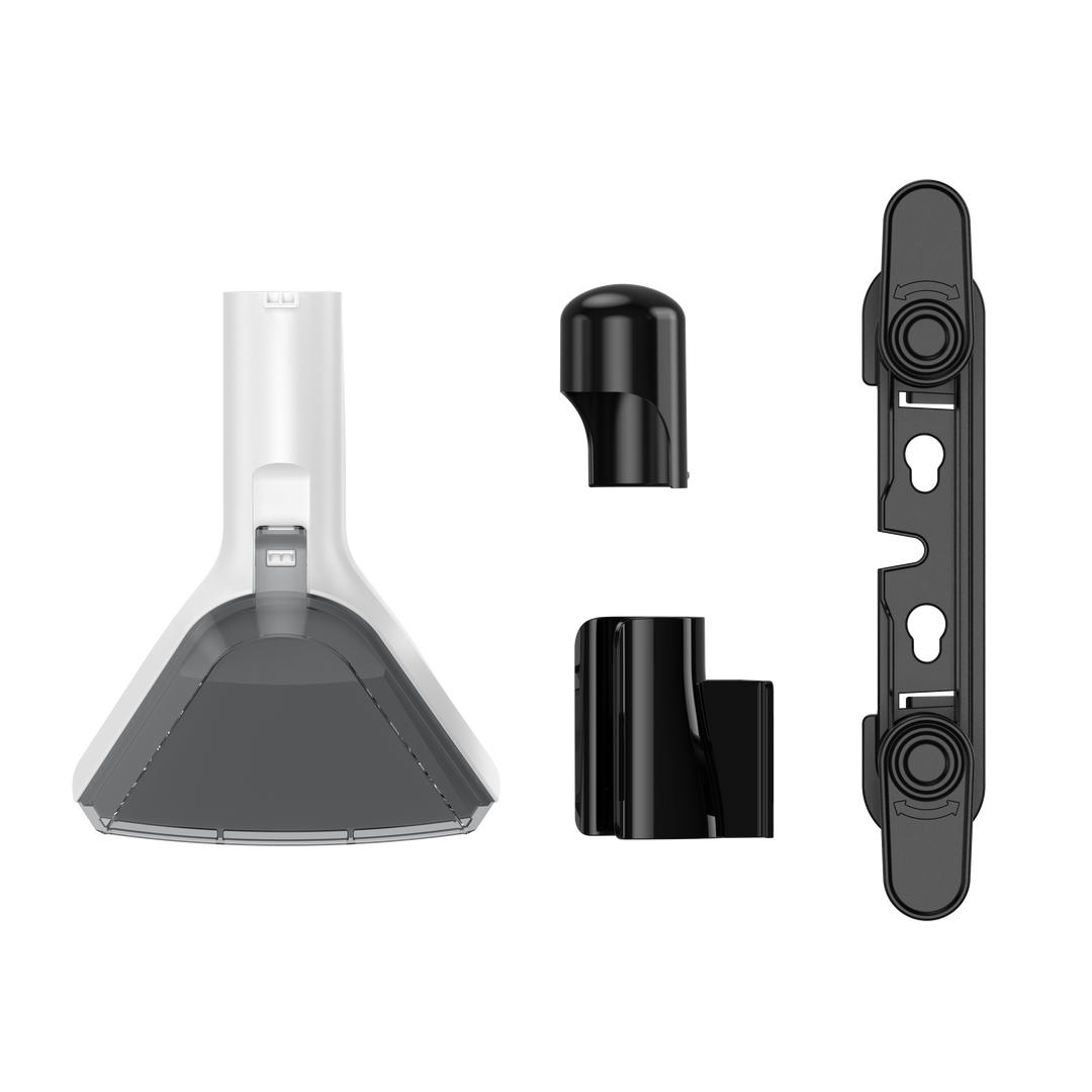 A set of three black plastic accessories for a baby bottle or breast pump, including a wide attachment head, a curved tube connector, and a mounting bracket, shown on a plain white background.