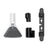 A set of three black plastic accessories for a baby bottle or breast pump, including a wide attachment head, a curved tube connector, and a mounting bracket, shown on a plain white background.