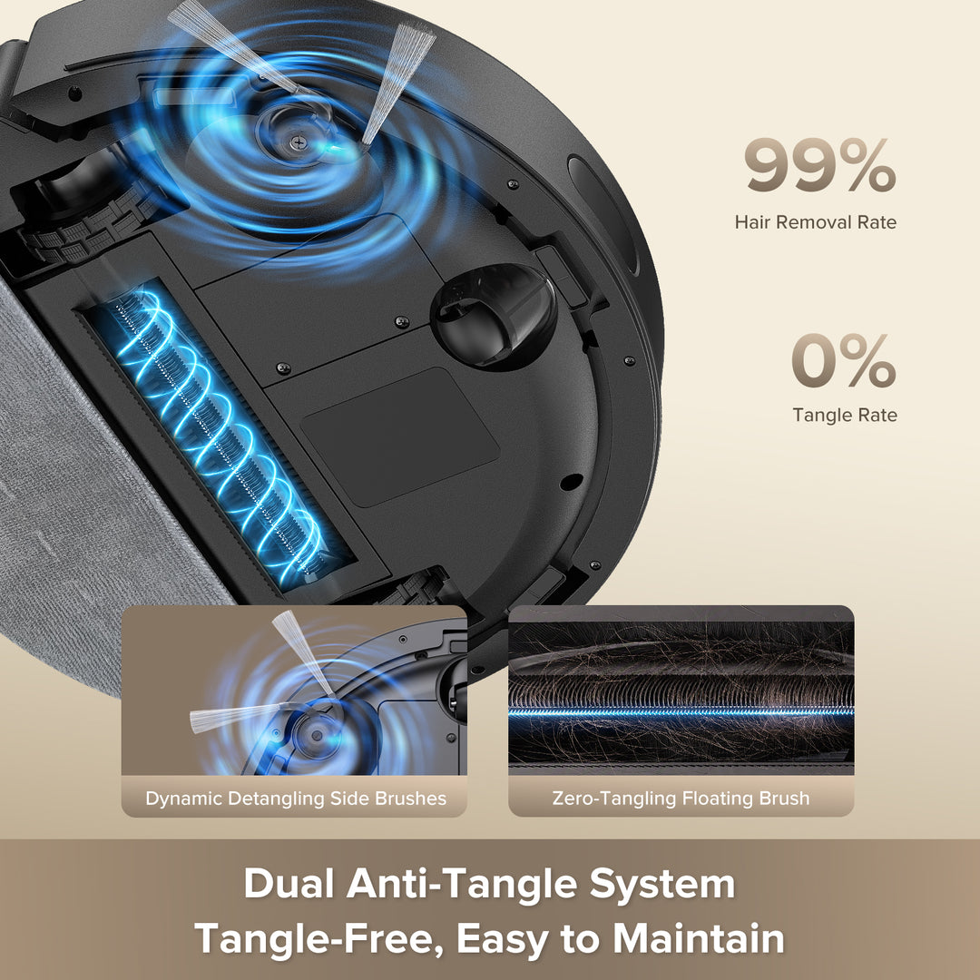 A promotional graphic for a robotic vacuum cleaner showing the underside with blue illustrated airflow and anti-tangle brush details, plus text claims such as 99% hair removal rate and 0% tangle rate. Two inset close-ups demonstrate the dynamic detangling side brushes and zero-tangling floating brush.