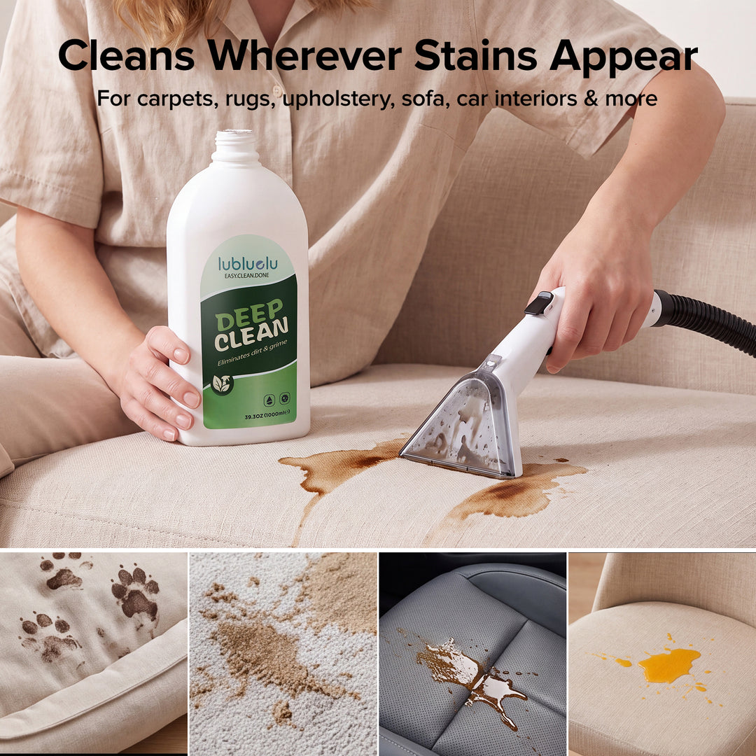 A person using a handheld lubluelu Deep Clean carpet and upholstery cleaner on a beige sofa, with a bottle of the cleaning product shown beside them. Text at the top says it cleans wherever stains appear, and four small inset images at the bottom show stain examples including paw prints, dust, brown liquid, and an orange spill.
