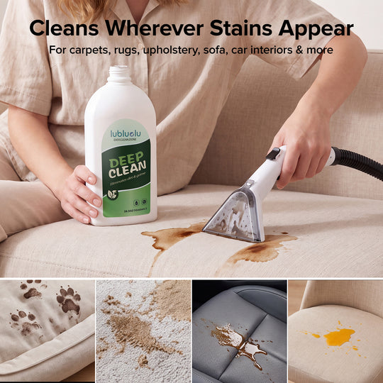 A person using a handheld lubluelu Deep Clean carpet and upholstery cleaner on a beige sofa, with a bottle of the cleaning product shown beside them. Text at the top says it cleans wherever stains appear, and four small inset images at the bottom show stain examples including paw prints, dust, brown liquid, and an orange spill.