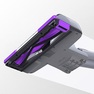 A vacuum cleaner floor brush attachment with purple and black color scheme.