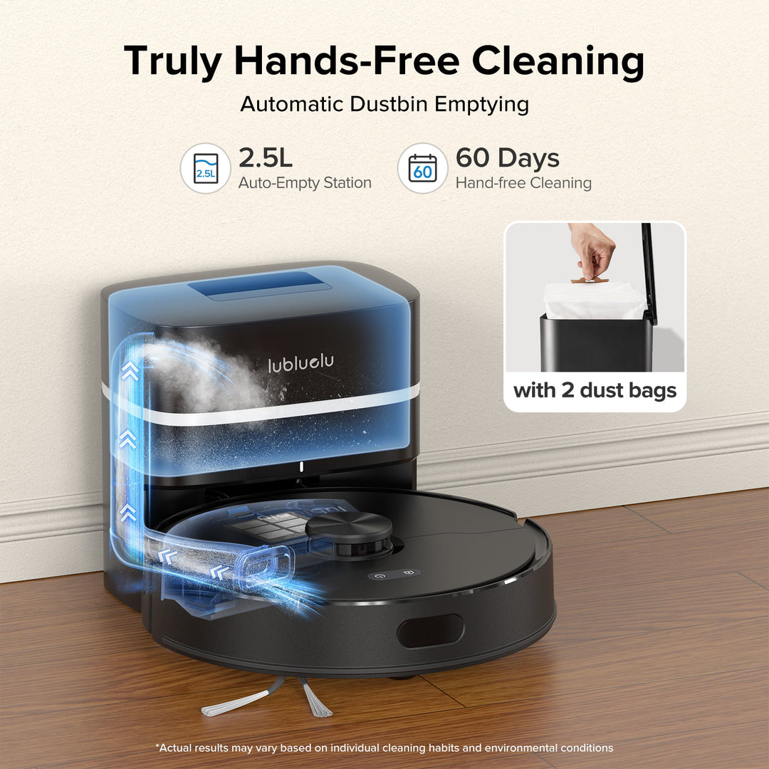 Robotic vacuum cleaner with auto-empty station and dust collection system on a wooden floor.