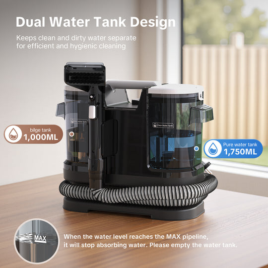 Dual Water Tank Design.Keeps clean and dirty water separate for efficient and hygienic cleaning