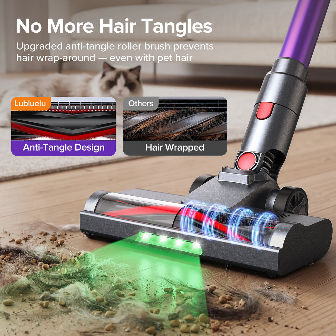 A cordless pet hair vacuum cleaner head shown on a wooden floor, with a cat blurred in the background. The image includes marketing text, comparison callouts labeled Lubblueu and Others, and a green light effect illustrating pet hair pickup.