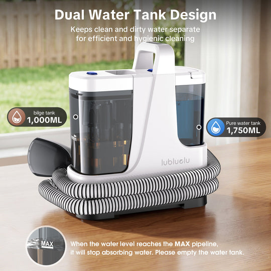 Dual water tank cleaning device with text on a wooden floor