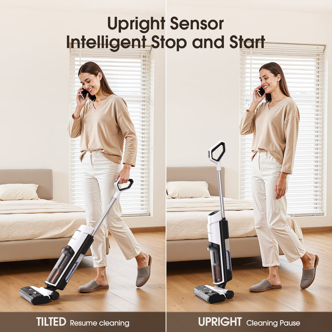 Woman using a cordless vacuum cleaner in a living room with text highlighting features.
