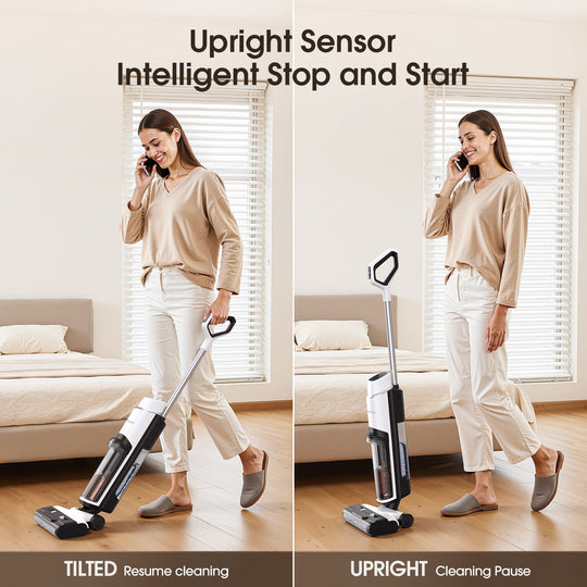 Woman using a cordless vacuum cleaner in a living room with text highlighting features.