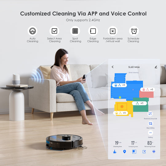 Customized Cleaning Via APP and Voice Control Only supports 2.4GHz