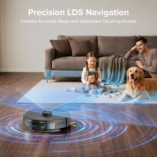 Robotic vacuum cleaner with 'Precision LDS Navigation' text in a living room setting.