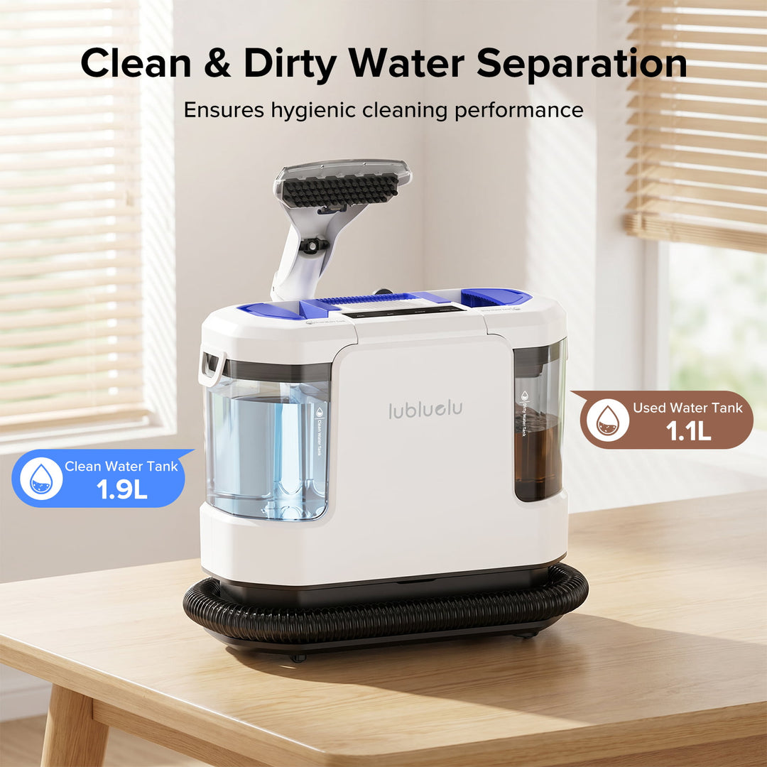 A white and blue automatic floor cleaning robot shown on a wooden table in a bright room, with text overlays highlighting its clean water tank (1.9L) and used water tank (1.