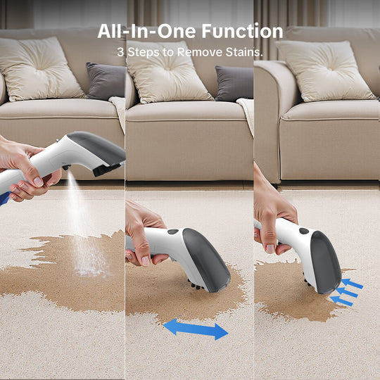Cleaning tool being used on a carpet with text indicating 'All-In-One Function' and '3 Steps to Remove Stains'.