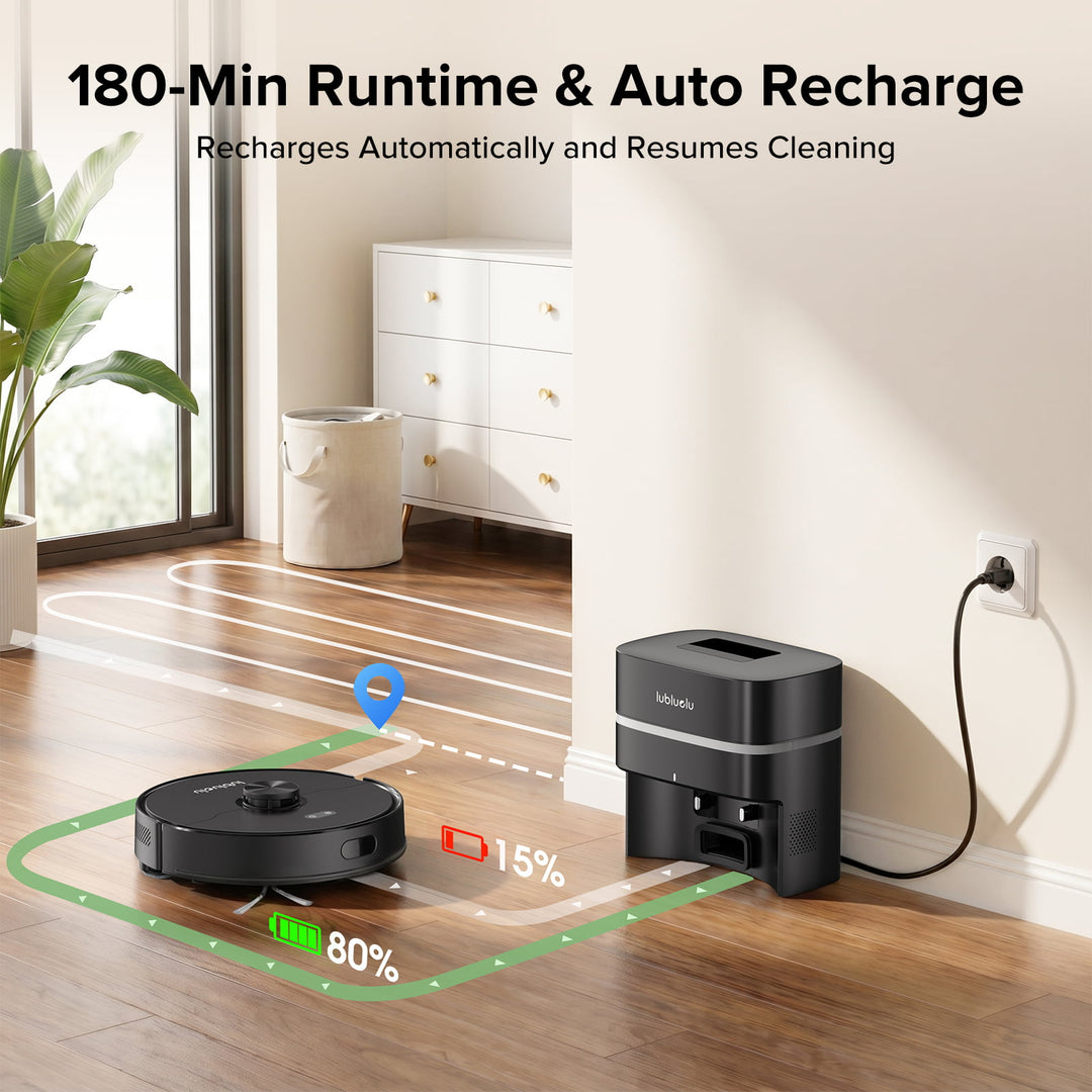 Robot vacuum cleaner on a wooden floor with charging station and text about runtime and auto recharge.