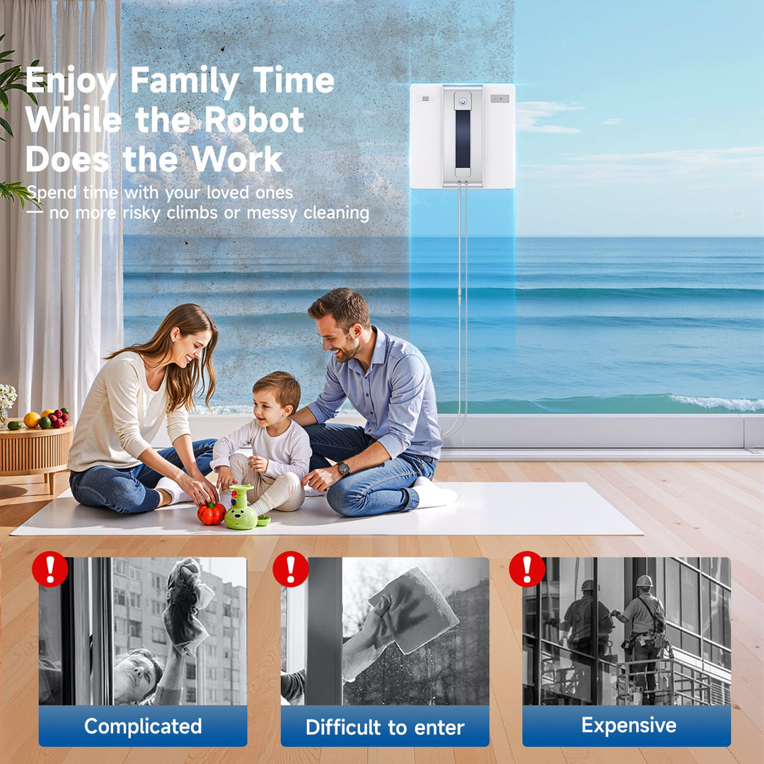 Family sitting on a couch with a robot vacuum cleaner in the background, promoting the robot's benefits.