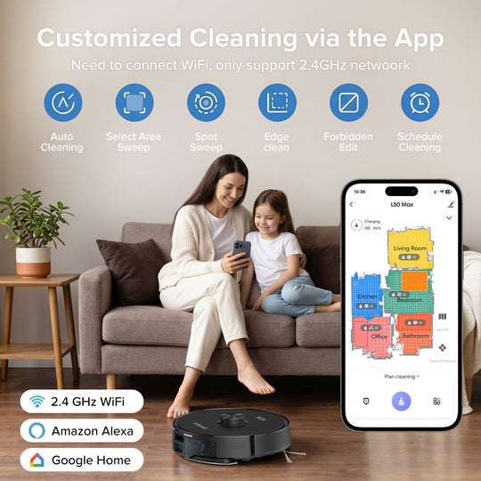 Woman and child using a smartphone with an app for robot vacuum cleaning in a living room.