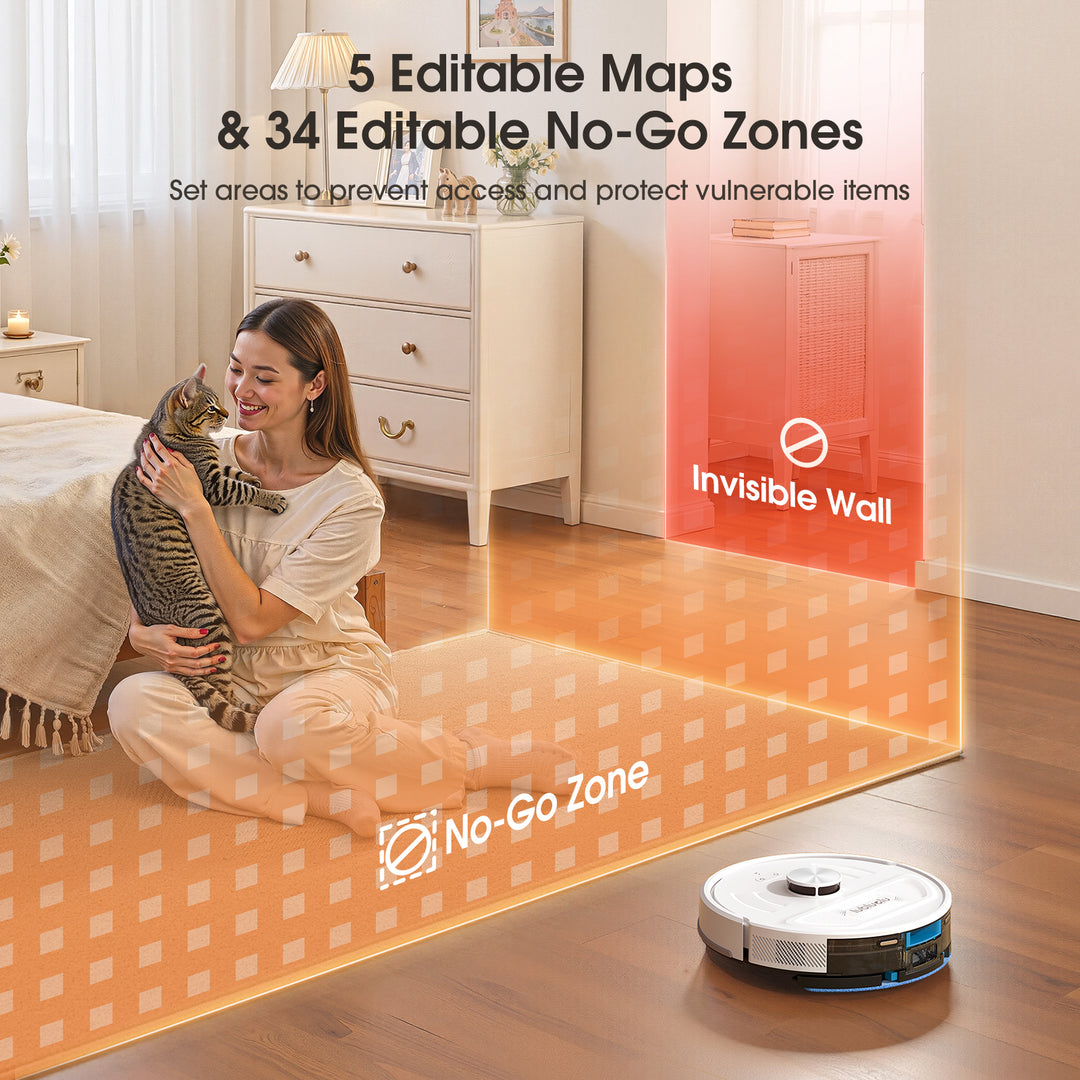 5 Editable Maps & 34 Editable No-Go Zones.Set areas to prevent access and protect vulnerable items