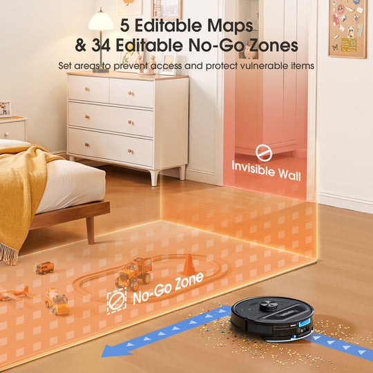 5 Editable Maps & 34 Editable No-Go Zones .Set areas to prevent access and protect vulnerable items