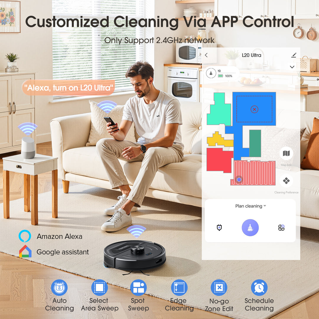 lubluele L20 Ultra Robot Vacuum Customized Cleaning Via APP Control
Only Support 2.4GHz network