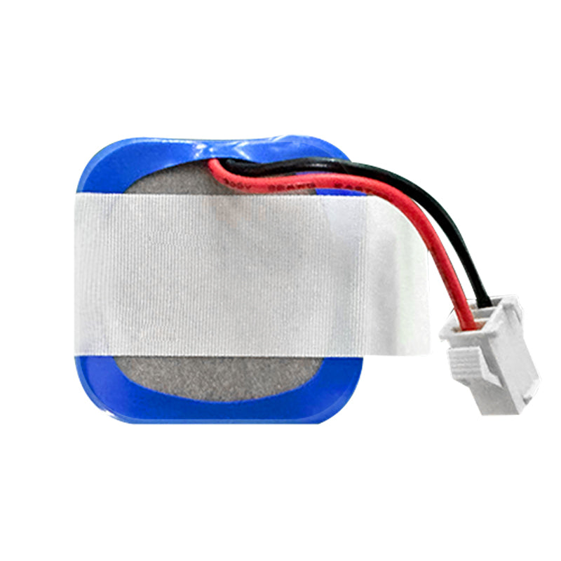 A blue lithium-ion battery with white connectors and caution labels, made in China, for a robotic vacuum cleaner.