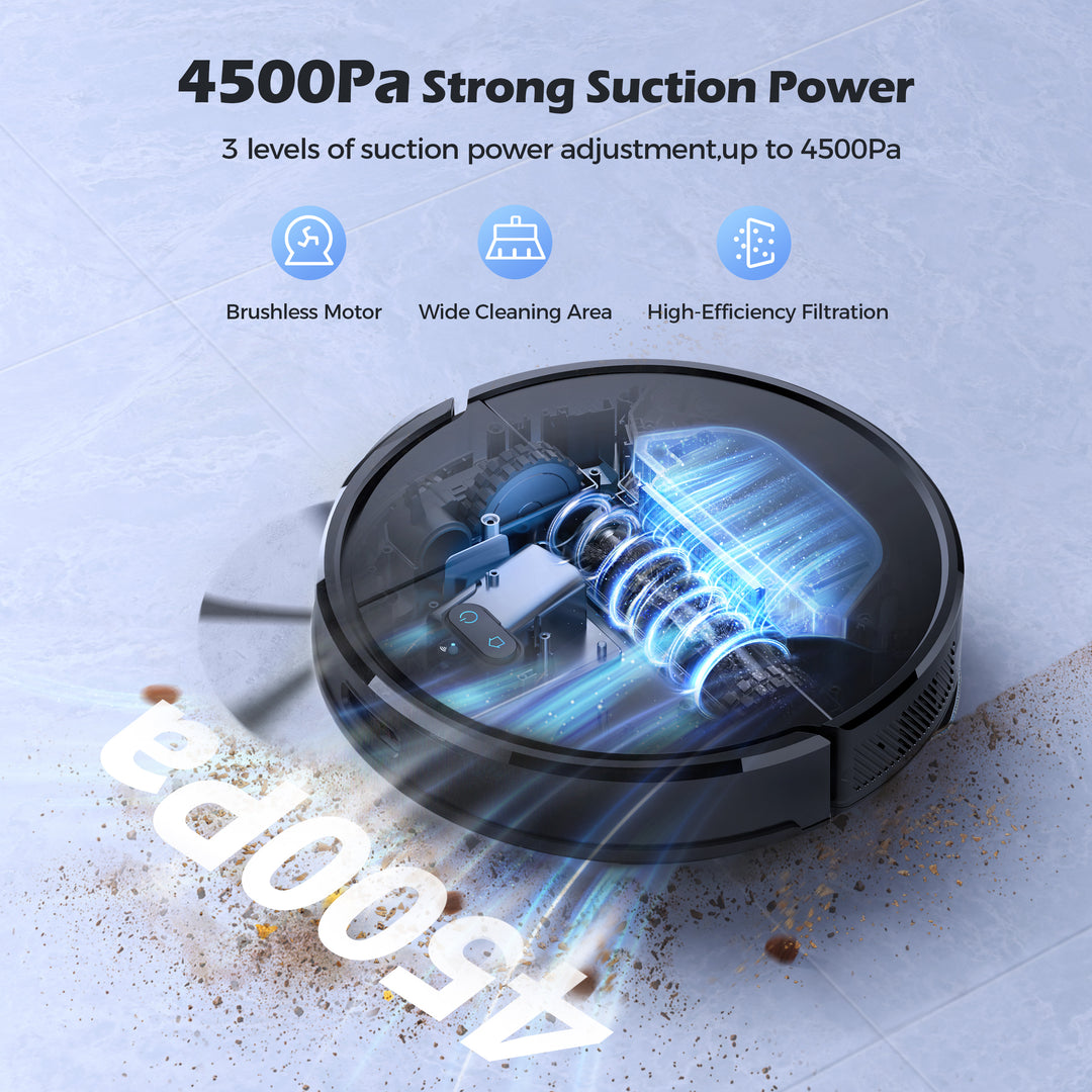 4500 Pa strong suction power,3 levels of suction power adjustment,up to 4500 pa
