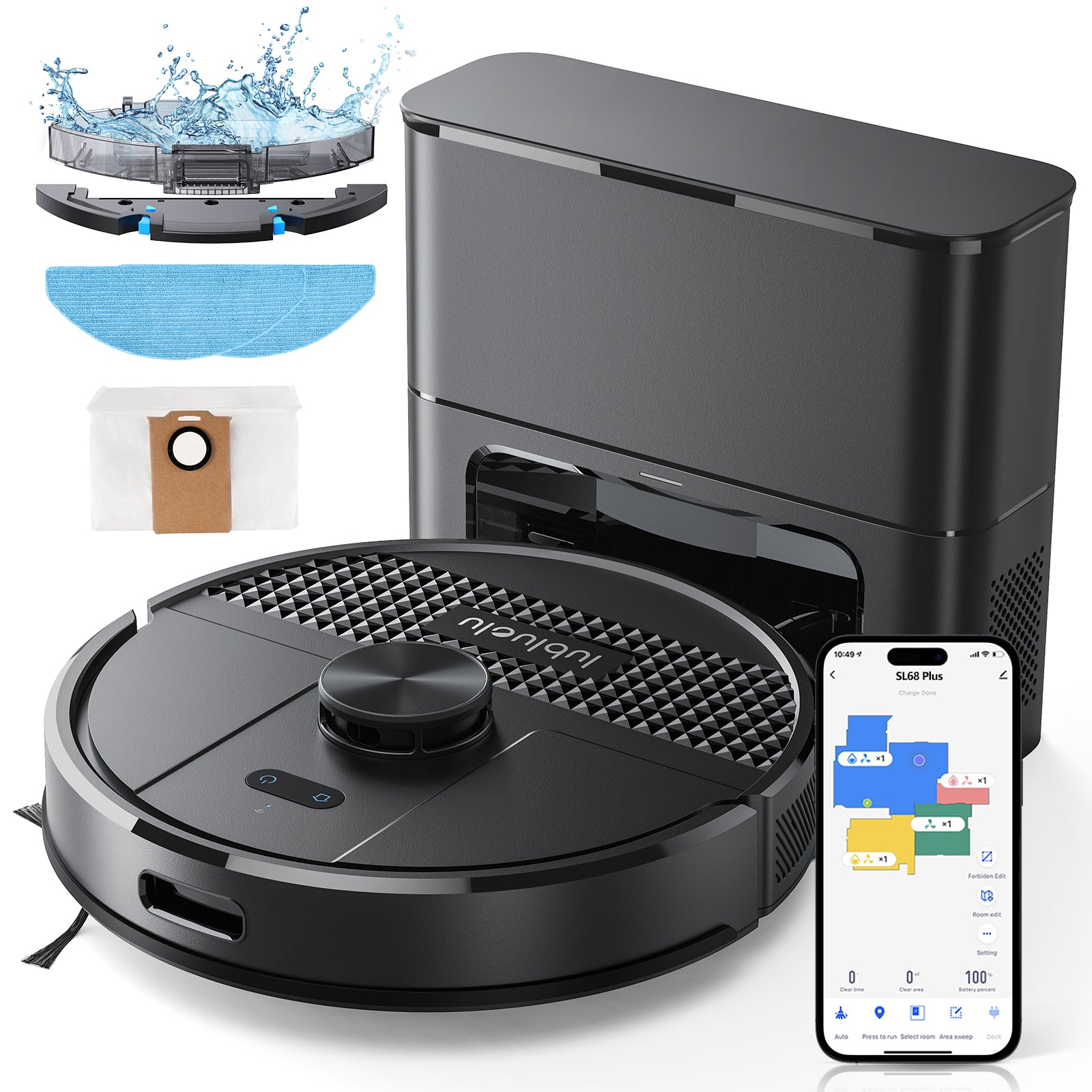 SL68 Plus Robotic vacuum cleaner with attachments and smartphone app on a white background