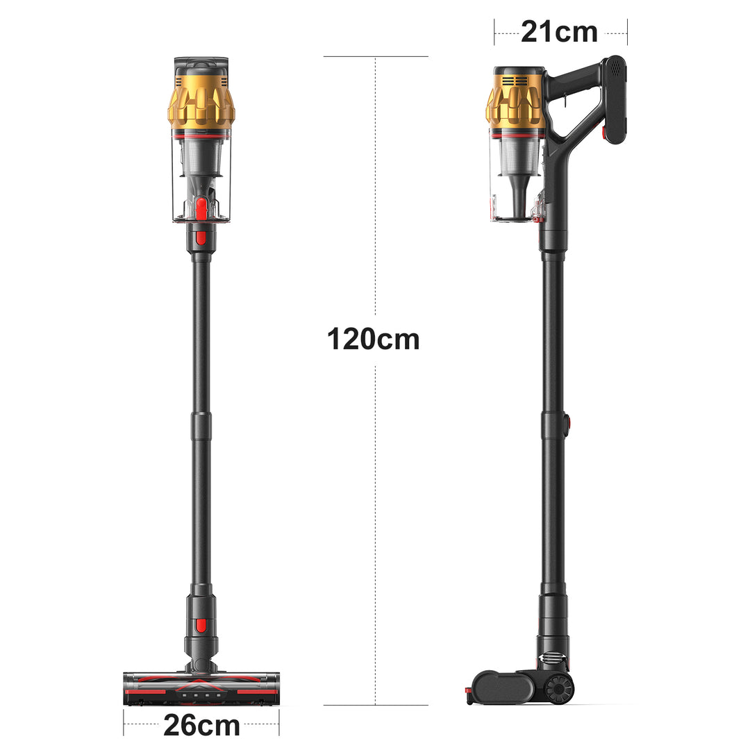 Two views of a vacuum cleaner with extended and retracted telescopic handle, showing measurements.