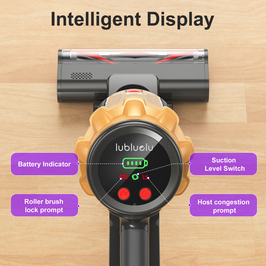 Vacuum cleaner with digital display and labeled components on a wooden surface