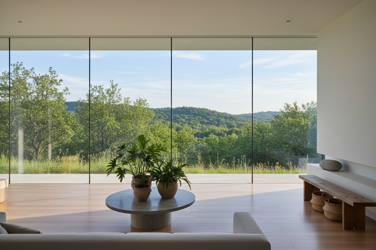 Our products are smart cleaning products, such as vacuum cleaners. This image primarily aims to convey our commitment to sustainable and environmentally friendly practices. A clean home, a green world. The image needs no text; it's clean, simple, and realistic.