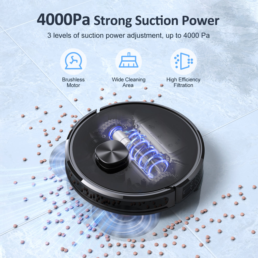 Robot vacuum cleaner with 4000Pa suction power on a textured surface