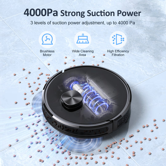 Robot vacuum cleaner with 4000Pa suction power on a textured surface