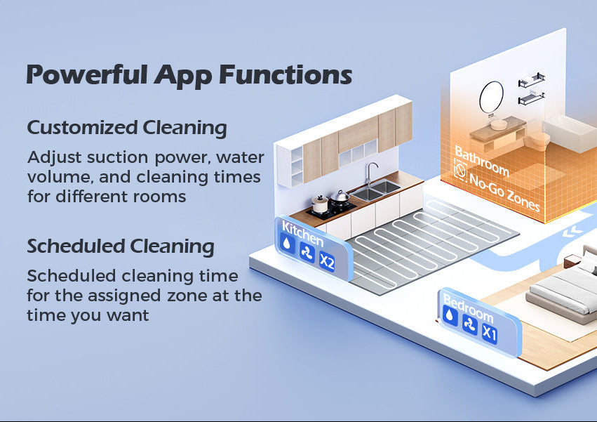 Smart home cleaning device with app interface on a blue background