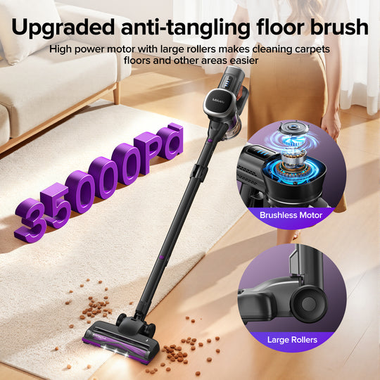 Vacuum cleaner with upgraded anti-tangling floor brush and high power motor on a living room floor.